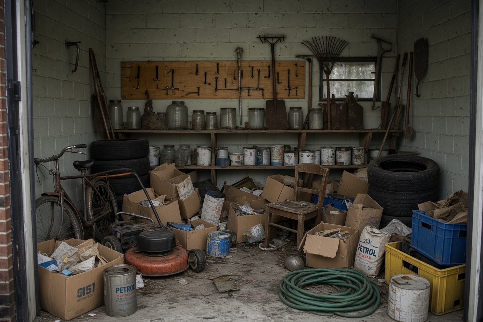 Garage voller Plunder, Werkzeug und Gartengeräte