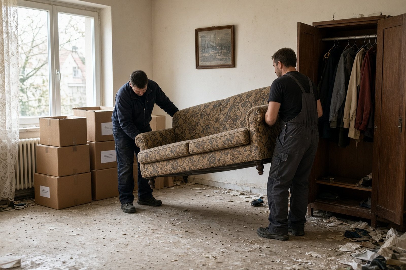 Haushaltsauflösung: Sofa wird aus einer Wohnung getragen