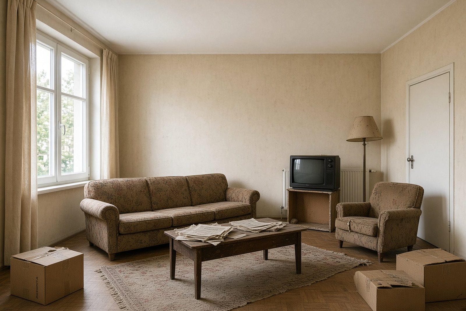 Wohnzimmer mit abgenutzten Möbeln vor der Auflösung